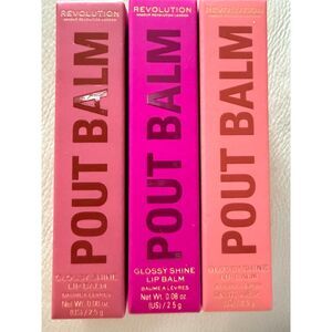 NIB Revolution Pout Glossy Shine Lip Balm in Rose, Fuchsia, and Mocha Shine x3